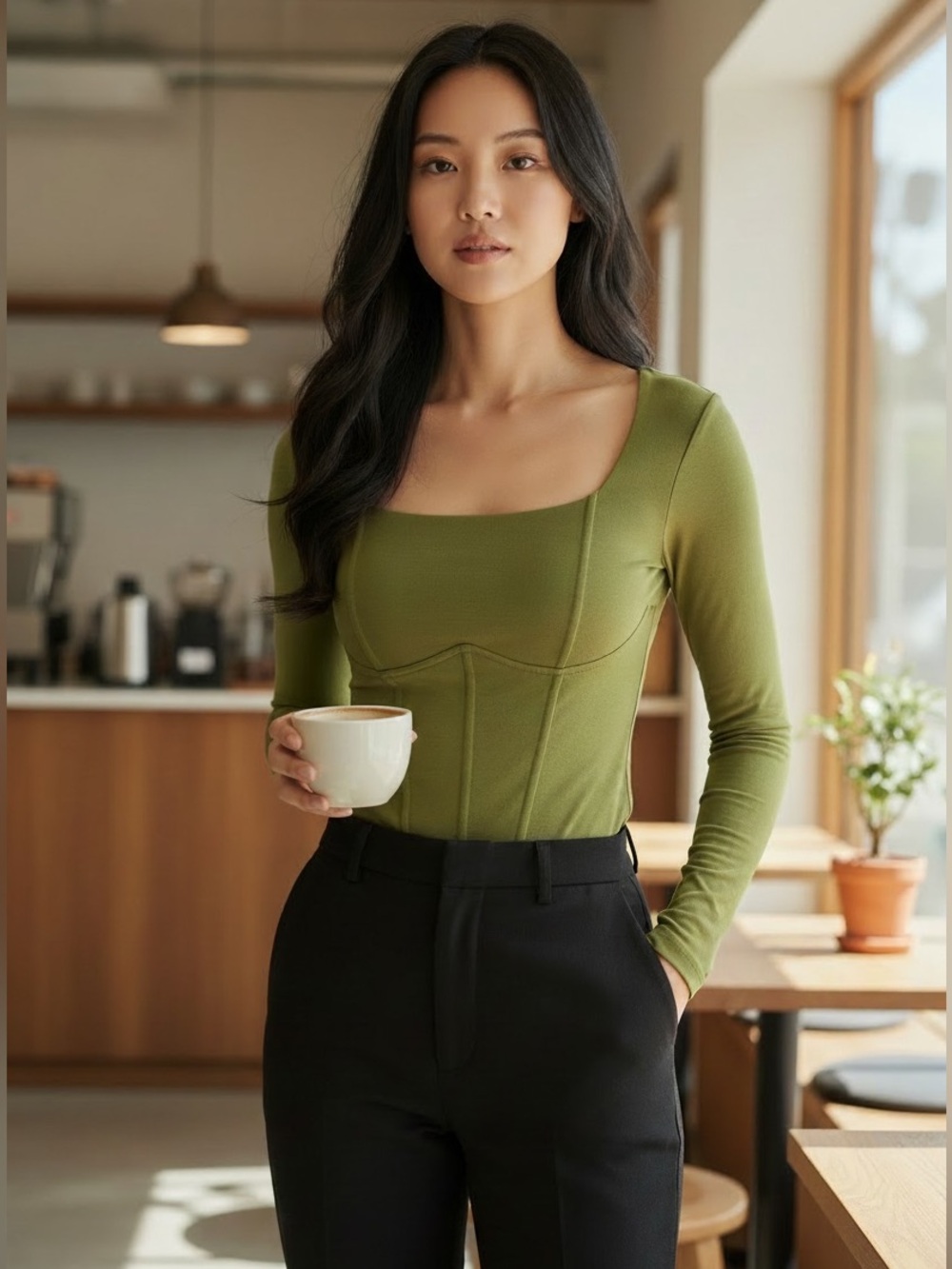 House of Harlow 1960 Corset Seams Long Sleeve Thong Bodysuit In Chartreuse (I)